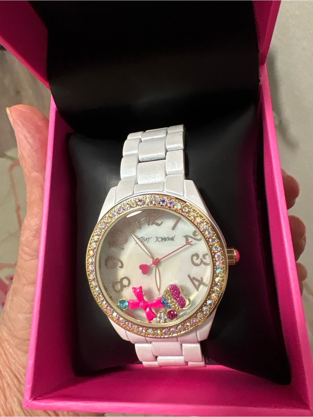 Betsey Johnson White Watch with Pink Heart Charm and Multicolor Crystal Bezel
